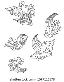 Line Thai style.Outline Japanese wave dawn from Line Thai style.Thai water wave isolate on white background.Outline and silhouette wave design for tattoo.