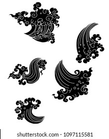 Line Thai style.Outline Japanese wave dawn from Line Thai style.Thai water wave isolate on white background.Outline and silhouette wave design for tattoo.