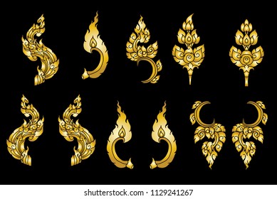 Line Thai vector set.Line Thai fire tattoo.Hand drawn red fire vector set.Chinese cloud isolate vector.