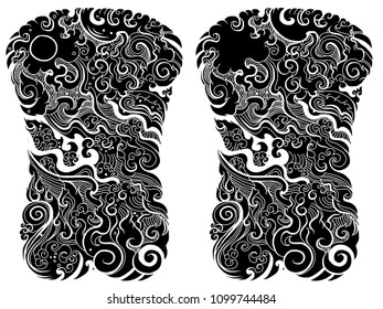 Line Thai water wave design for tattoo.Japanese wave for tattoo background.Line Thai is Thailand Style and Tattoo design.