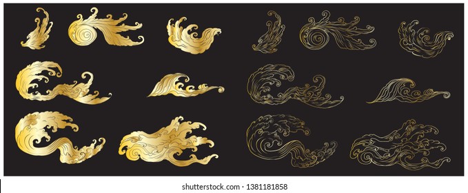Line Thai wave tattoo.Japanese wave vector set and thai style.Outline Japanese wave dawn from Line Thai style.Thai water wave isolate on white background.
