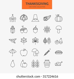 Line Thanksgiving Day Holiday Icons Big Set. Vector Collection Of 25 Autumn Thanksgiving Holiday  Modern Thin Line Icons For Web And Mobile. Food Dinner Traditional Icons Bundle