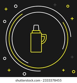 Line Thermos container icon isolated on black background. Thermo flask icon. Camping and hiking equipment. Colorful outline concept. Vector