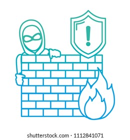 line thief with mask behind brick wall and fire caution
