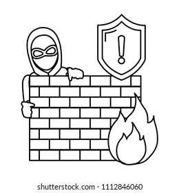 line thief with mask behind brick wall and fire caution