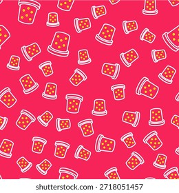 Line Thimble for sewing icon isolated seamless pattern on red background.  Vector