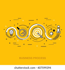 Line thin flat design illustration concept for business process from idea to realization, market research, analysis, planning, business management, strategy isolated on bright background