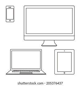 Line thin vector illustration set of laptop, tablet, monitor, phone isolated on white