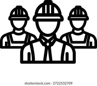 Uma linha de três trabalhadores da construção em chapéus e coletes, simbolizando o trabalho em equipe e a indústria.