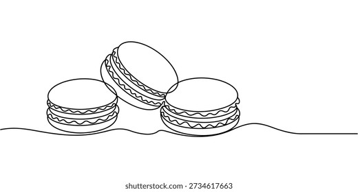 Line of three macaroons stacked on of each other cookie biscuit line black and white dessert