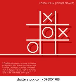 Line tic tac toe XO game on red background. Noughts and crosses board game. Cover brochures, flyer, card design template. Vector illustration