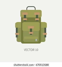 Line tile color vector hunt and camping icon - backpack. Hunter equipment, armament. Retro cartoon style. Wildlife travel. Camouflage. Forest. Illustration and element for your design, wallpaper.