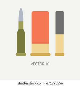 Line tile color vector hunt and camping icon cartridge set. Hunter equipment, armament. Retro cartoon style. 