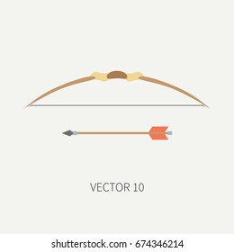 Line tile color vector hunt and camping icon bow, arrow. Hunter equipment, armament. Retro cartoon style. Wildlife travel. Camouflage. Forest. Illustration and element for your design, wallpaper.