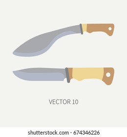 Line tile color vector hunt and camping icon machete, knife set. Hunter equipment, armament. Retro cartoon style. Wildlife travel. Camouflage. Forest. Illustration and element your design, wallpaper