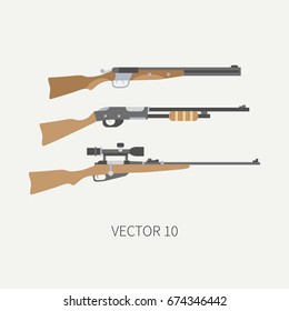 Line tile color vector hunt and camping icon shotgun, rifle set. Hunter equipment, armament. Retro cartoon style. Wildlife travel. Camouflage. Forest. Illustration and element for design, wallpaper.