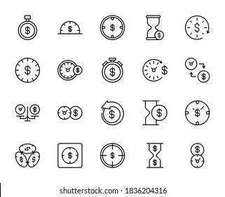 Line time money icon set isolated on white background. Outline time symbols for website design, mobile application, ui. Collection of money pictogram. Vector illustration, editable strok. Eps10