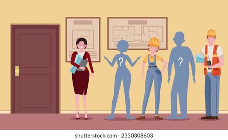 Line of tired labor workers vector illustration. Builders, engineers, mechanics with empty silhouettes between them in office. Employee shortage, lack of personnel, labor crisis concept
