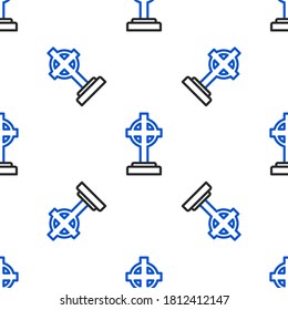 Line Tombstone with cross icon isolated seamless pattern on white background. Grave icon. Colorful outline concept. Vector