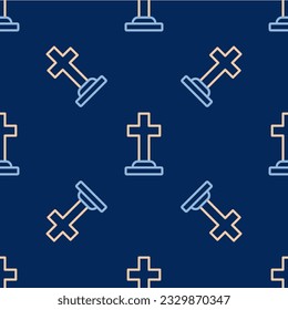 Line Tombstone with cross icon isolated seamless pattern on blue background. Grave icon. Happy Halloween party.  Vector