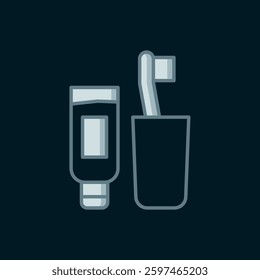 Line Toothbrush and tube of toothpaste icon isolated on black background. Disposable bathroom supplies. Flat filled outline style with shadow. Vector
