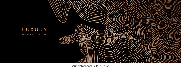 Line topography map. Wavy golden design. Luxury banner with wave pattern. Flowing liquid texture. Bronze curves. Black background with gold lines. Abstract geometric dynamical rippled surface