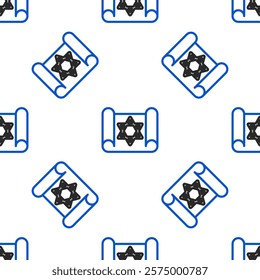 Line Torah scroll icon isolated seamless pattern on white background. Jewish Torah in expanded form. Star of David symbol. Old parchment scroll. Colorful outline concept. Vector