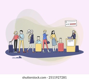 Line of tourists at airport check in counter. Queue of passengers waiting for registration to their flight. Vector illustration for tourism, trip, transportation concept