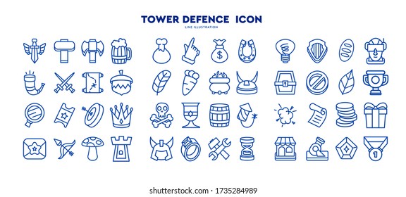 Line Tower Defence icon set for game design. Vector illustration on a white background.