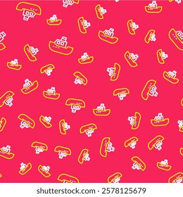 Line Toy boat icon isolated seamless pattern on red background.  Vector