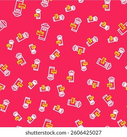 Line Traditional London mail box icon isolated seamless pattern on red background. England mailbox icon. Mail postbox.  Vector
