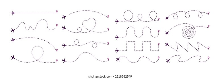 Pistas de línea del conjunto de aviones voladores. Ilustraciones vectoriales de rutas de diferentes formas. Curva de dibujos animados y cuadrado, ruta espiral del avión al destino aislado en blanco. Mapa, concepto de viaje aéreo