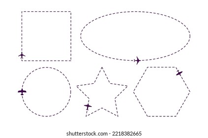 Line trails of flying airplanes set. Vector illustrations of dashed plane routes. Cartoon aircraft paths of different geometric shapes isolated on white. Flight, transportation, geometry concept