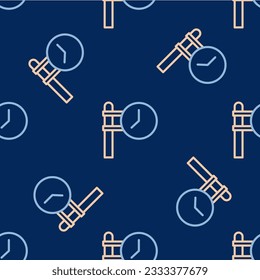 Line Train station clock icon isolated seamless pattern on blue background.  Vector
