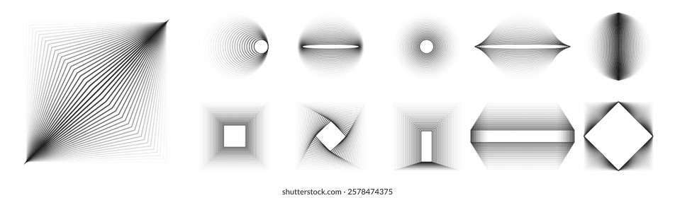Line transition geometric shapes with halftone effect. Vector line transition shape objects and geometric elements with abstract distortion gradient