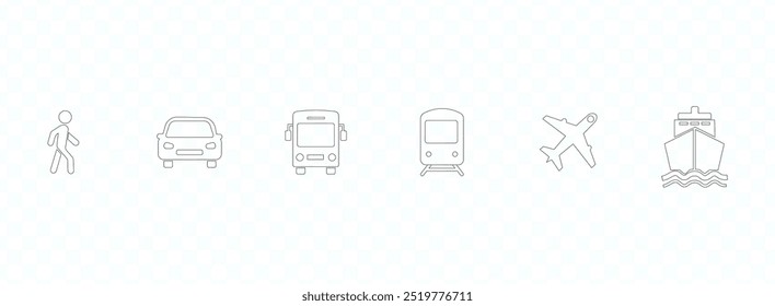 LINE Transport icons set. Auto, bus, train, ship, plane and on foot. Public, travel and delivery transport icons. Vector illustration