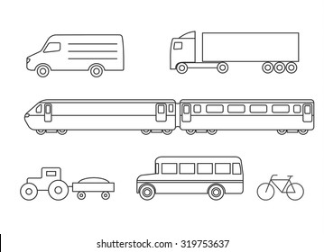 Line transport icons set, vector illustration. Includes train, bicycle, schoolbus, truck, tractor, minivan, etc.