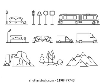 Line transportation, landscape line isons vector set on white backdrop