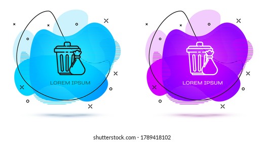 Line Trash can and garbage bag icon isolated on white background. Garbage bin sign. Recycle basket icon. Office trash icon. Abstract banner with liquid shapes. Vector Illustration