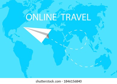 Line travel in flat style blue background. Business vector illustration. Online technology. Stock image.