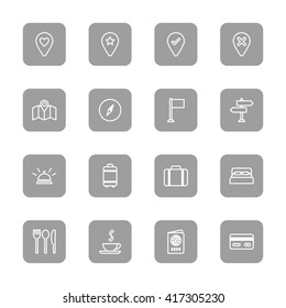 line travel icon set on gray rounded rectangle for web design, user interface (UI), infographic and mobile application (apps)