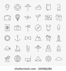 Line Travel Icons Big Set. Vector Set of 36 Summer Holiday Seasonal Tourism Modern Thin Line Icons for Web and Mobile