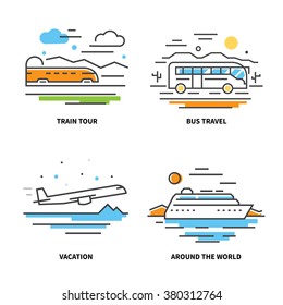 Line travel square banners set. Vector illustrations. Quality design illustrations, elements and concept. Flying airplane. Train. Bus. Ship. Line art.