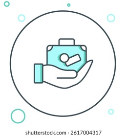 Line Travel suitcase in hand icon isolated on white background. Traveling baggage insurance. Security, safety, protection, protect concept. Colorful outline concept. Vector