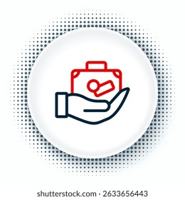 Line Travel suitcase in hand icon isolated on white background. Traveling baggage insurance. Security, safety, protection, protect concept. Colorful outline concept. Vector
