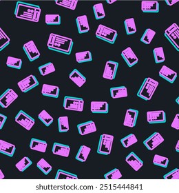 Line Travel ticket icon isolated seamless pattern on black background. Train, ship, plane, tram, bus transport. Travel service concept.  Vector Illustration