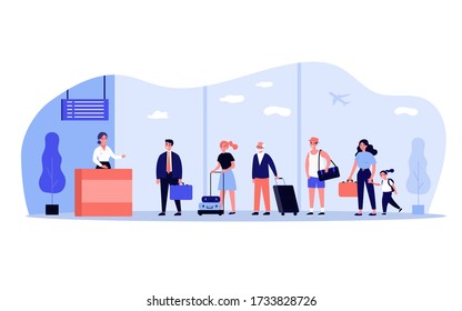 Line of travelers at check-in desk in airport. Queue of passengers waiting at registration counter. Can be used for travel, transportation, airlines, departure area concept