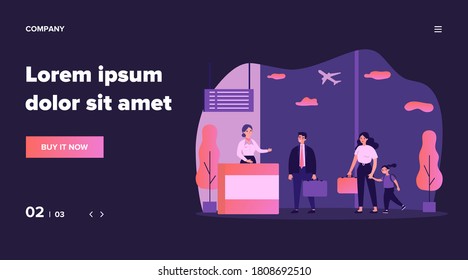 Line of travelers at check-in desk in airport. Queue of passengers waiting at registration counter. Can be used for travel, transportation, airlines, departure area concept
