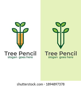 line tree combine pencil creative logo, tree pen icon symbol