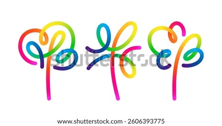 Line Tree Vector Logo. Abstract Outline Gradient Plant Icon. Art Symbol Design with Color Continuous Line. Set of Abstract Trees and Flowers Illustration